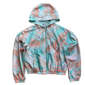 Forever 21 Tropical Palm Windbreaker Jacket S Mint Peach Crop Hooded Lightweight